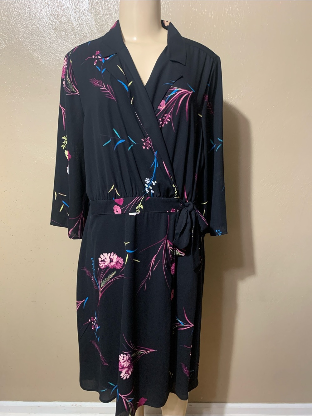 Worthington size 12 Black Floral Midi Wrap Dress with Pink and Blue Accents